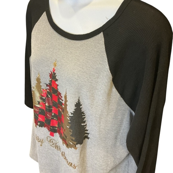 Holiday Time 2X Buffalo Plaid Sequin Christmas Tree Raglan Waffle Knit Top - Picture 6 of 10